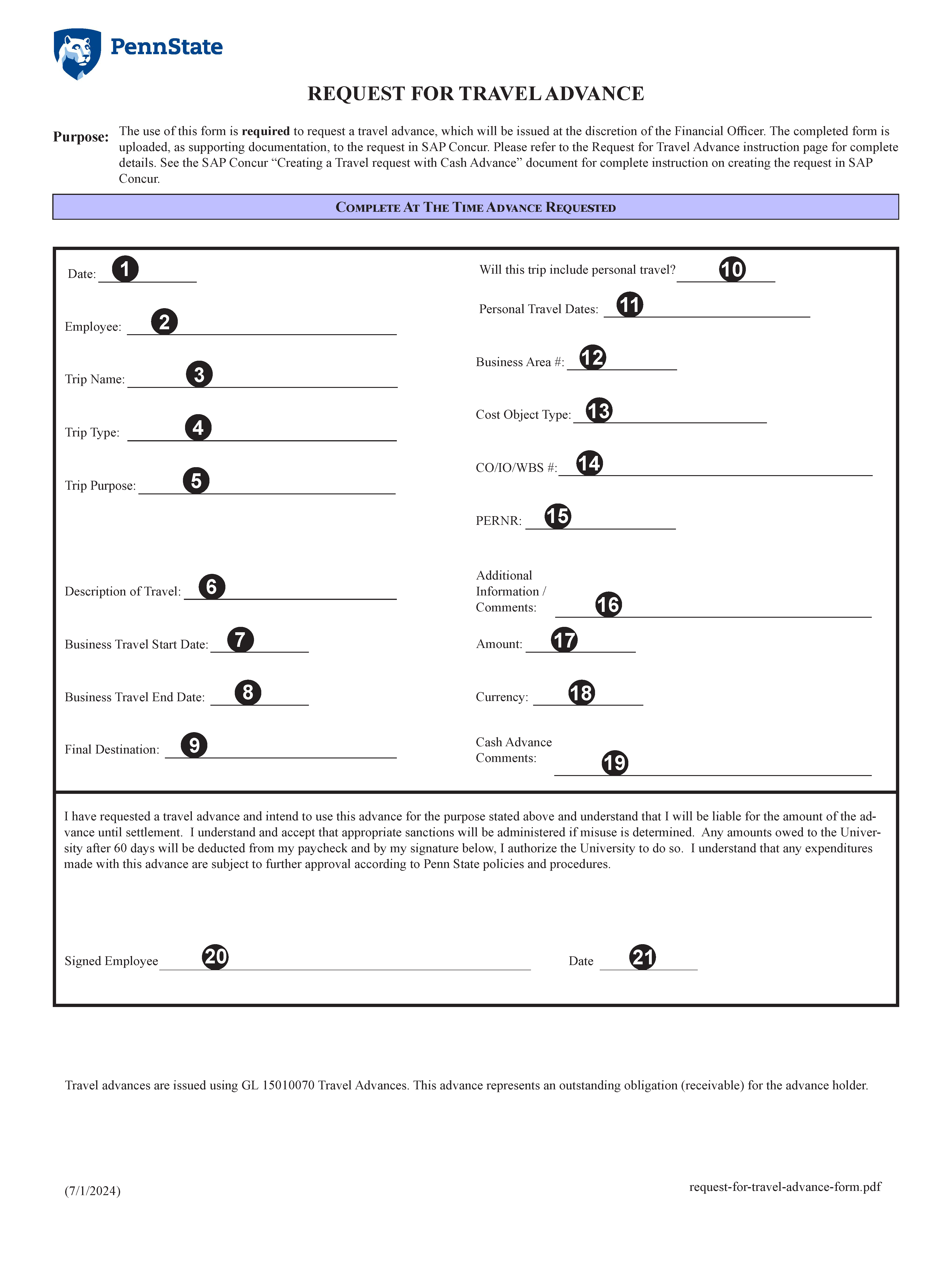 Image of Request for Travel Advance Form